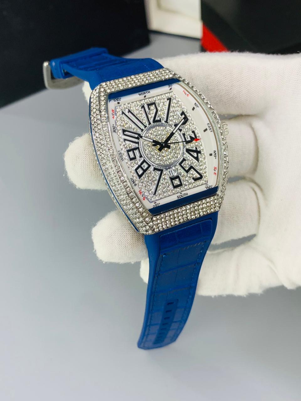 F Muller Full Iced Stone Watch – Working Date, Leather Strap, Multiple Colors