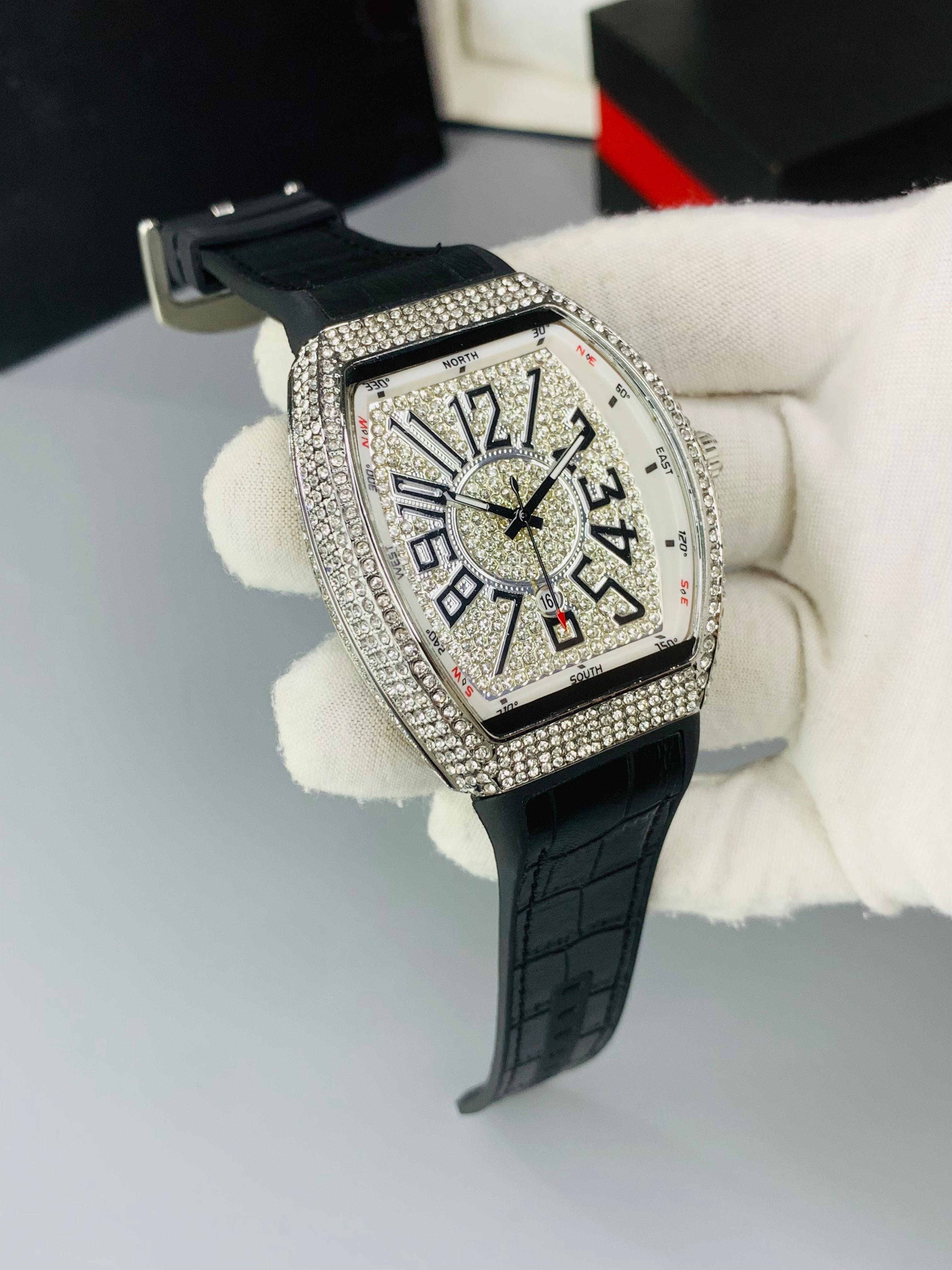 F Muller Full Iced Stone Watch – Working Date, Leather Strap, Multiple Colors