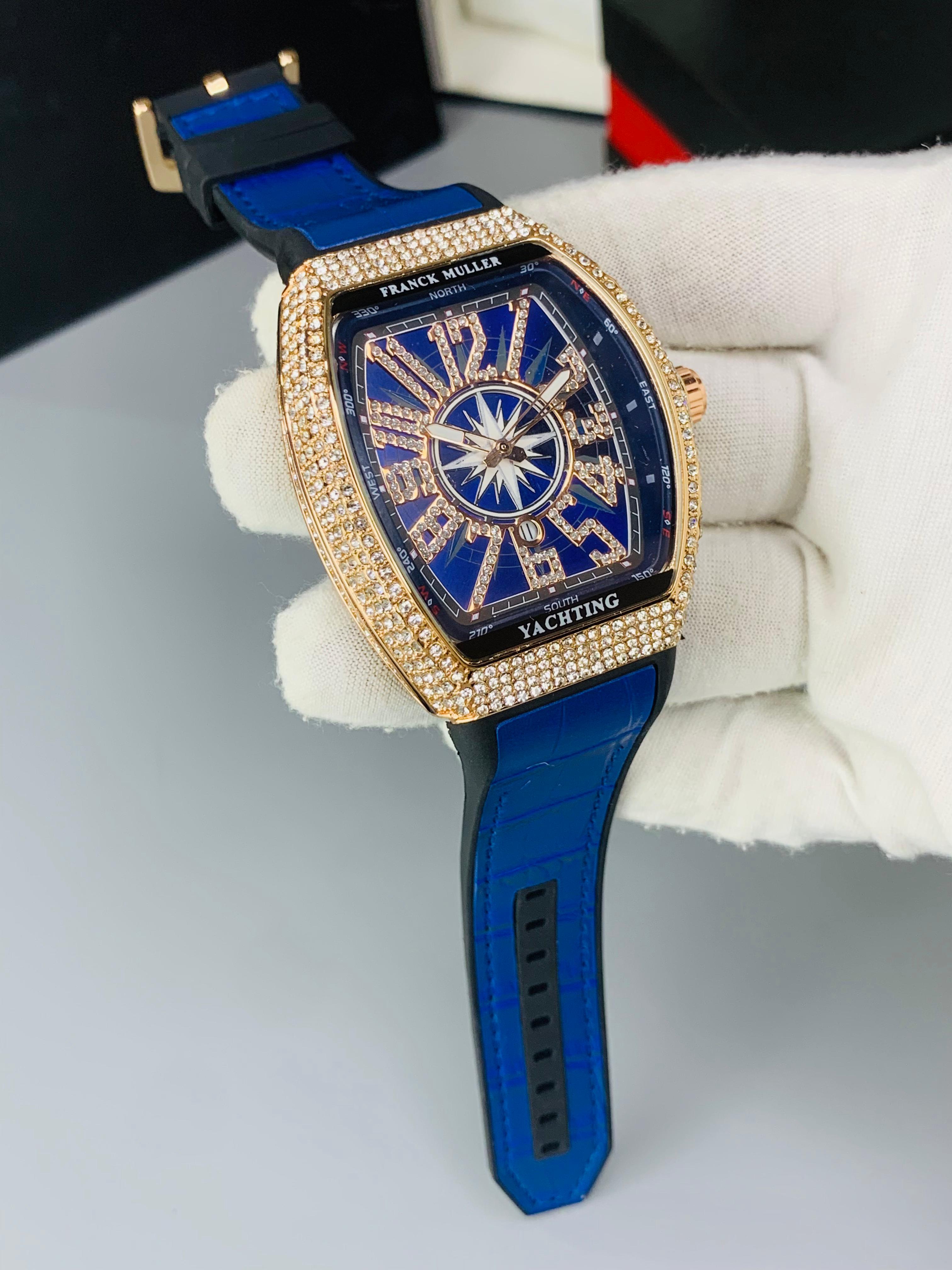 F Muller Full Iced Stone Watch – Working Date, Leather Strap, Multiple Colors