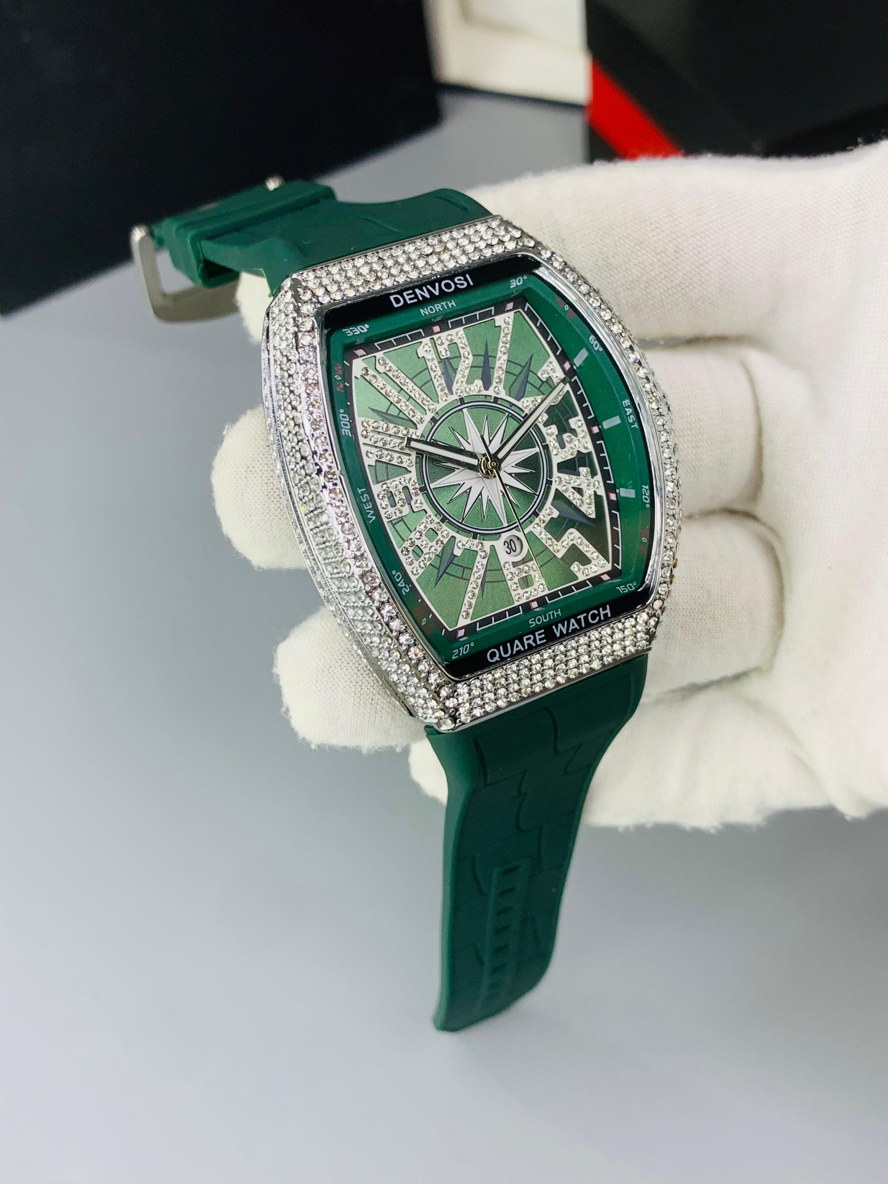 F Muller Full Iced Stone Watch – Working Date, Leather Strap, Multiple Colors