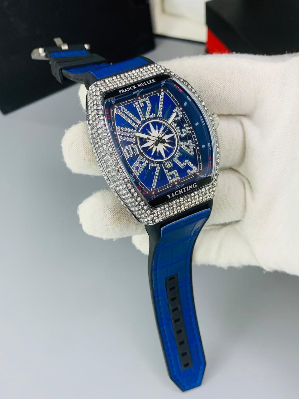F Muller Full Iced Stone Watch – Working Date, Leather Strap, Multiple Colors