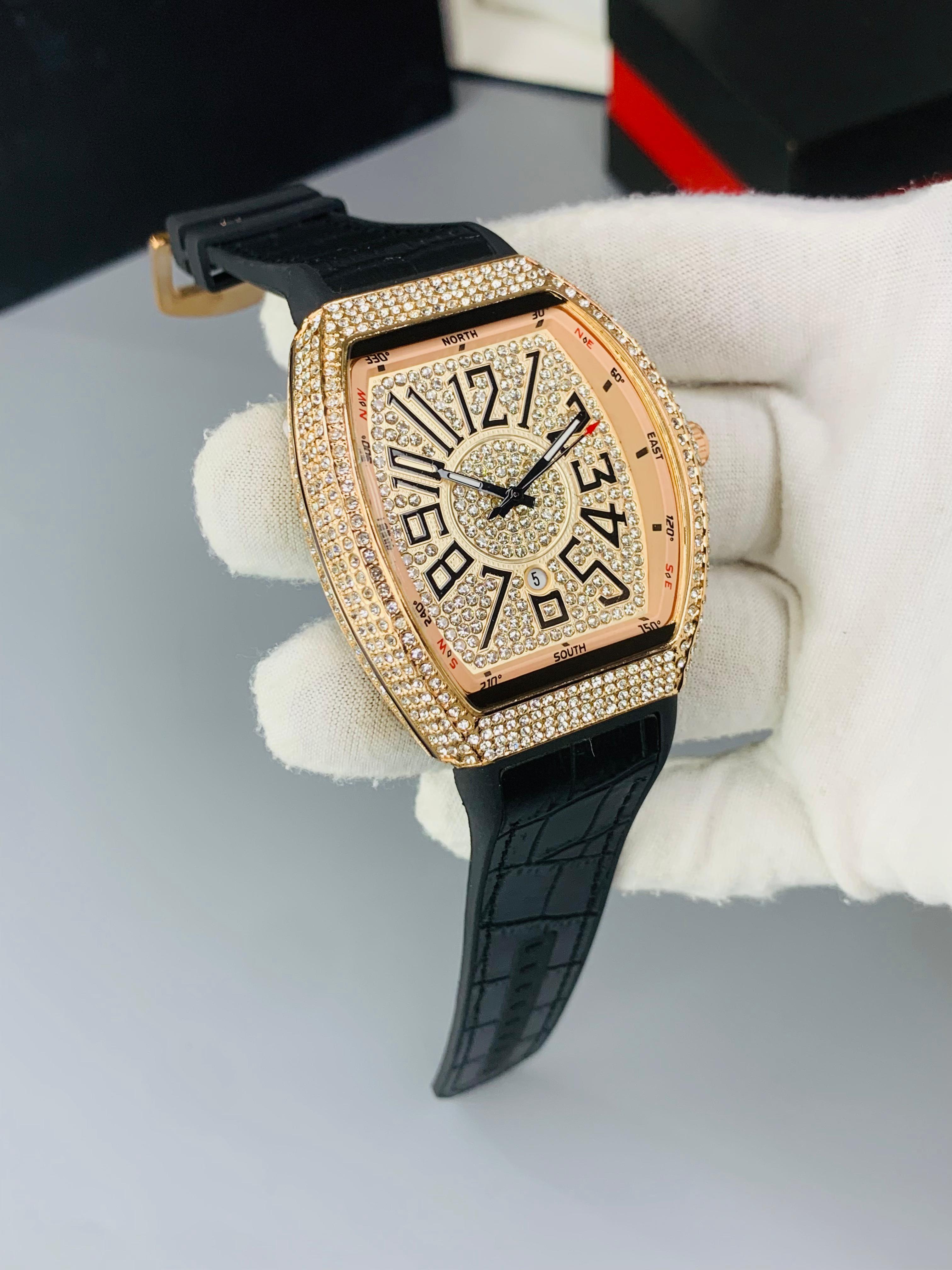 F Muller Full Iced Stone Watch – Working Date, Leather Strap, Multiple Colors