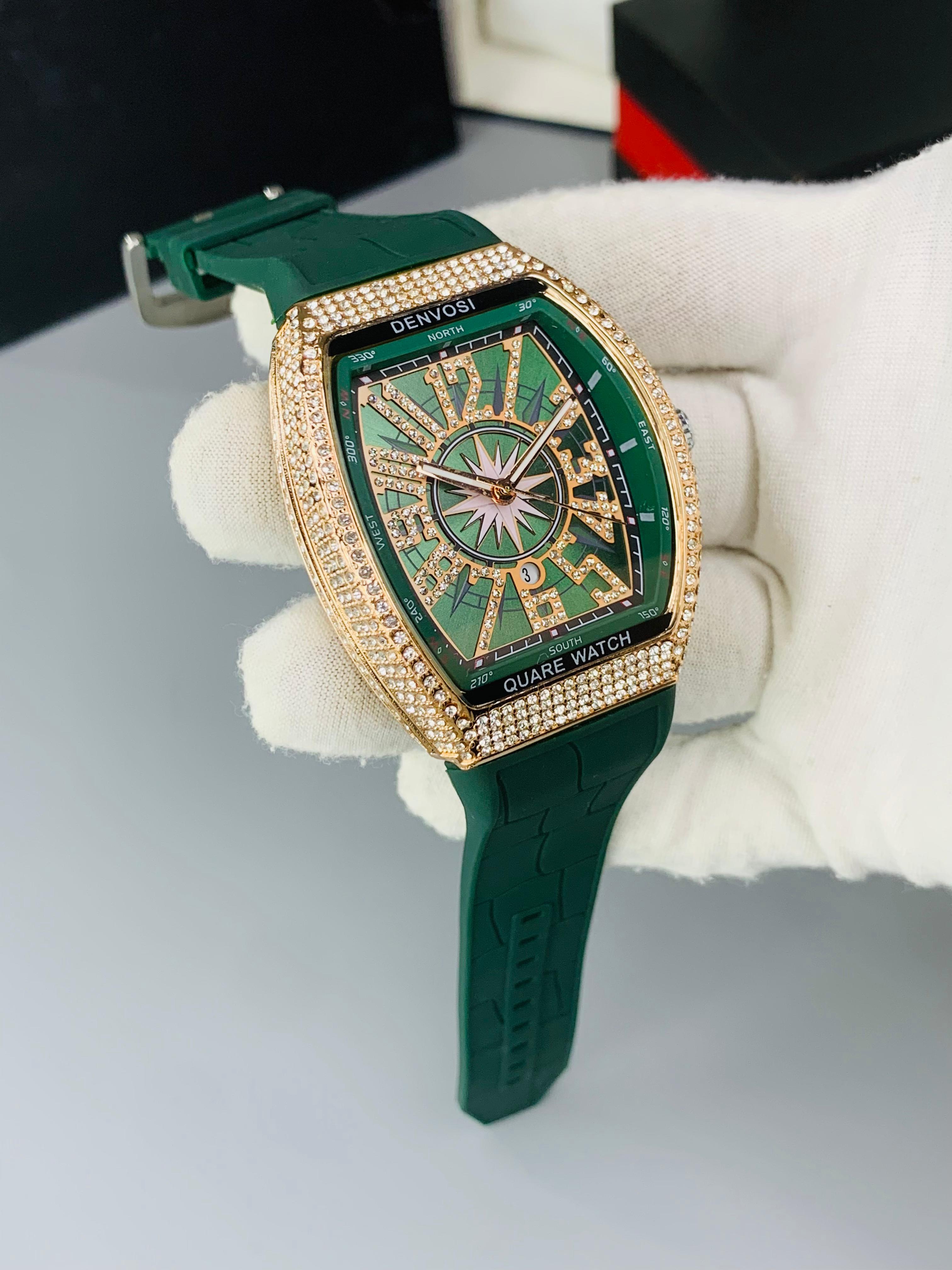 F Muller Full Iced Stone Watch – Working Date, Leather Strap, Multiple Colors