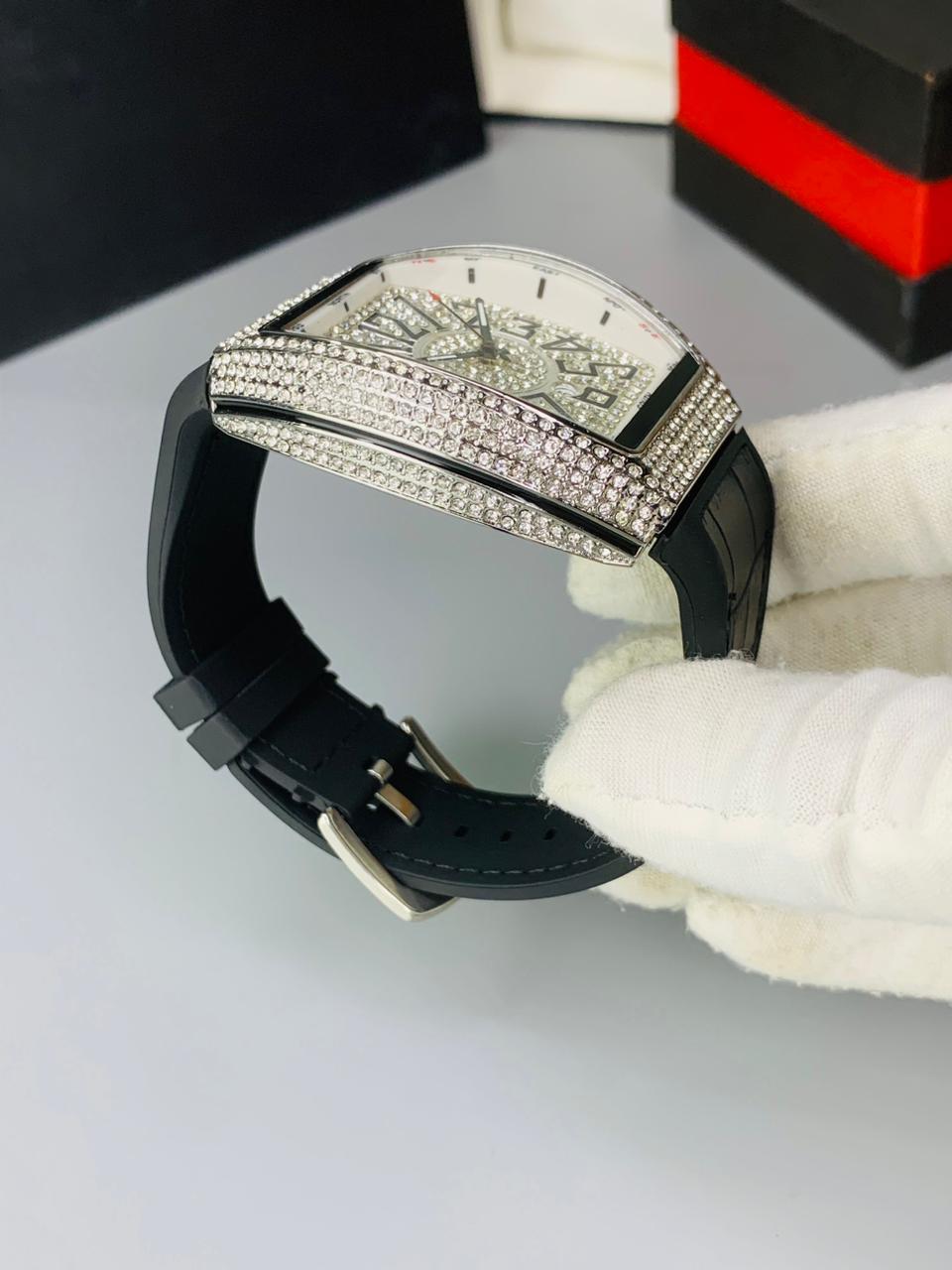 F Muller Full Iced Stone Watch – Working Date, Leather Strap, Multiple Colors