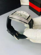 F Muller Full Iced Stone Watch – Working Date, Leather Strap, Multiple Colors